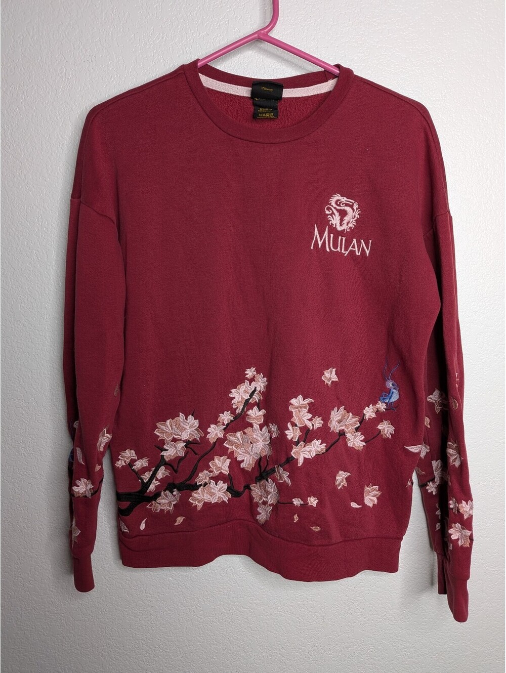 Disney Princess Mulan Embroidered Floral Sweatshirt Burgundy XS Mushu